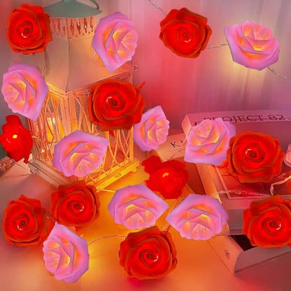 TURNMEON 7Ft 20 Led Valentines Rose Lights,Valentines Day Decor Red Pink Rose Fairy Lights Battery Operated Artificial Rose Flowers Garland Valentines Decoration Home Indoor Outdoor(Warm White)