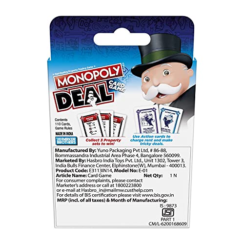 Monopoly Deal Quick-Playing Card Game for Families, Kids Ages 8 and Up and 2-5 Players