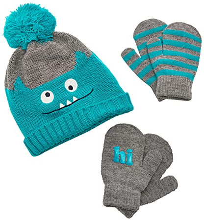 Simple Joys by Carter's Baby Boys' Hat and Mitten Set, Grey/Monster/Stripe, 12-24 Months