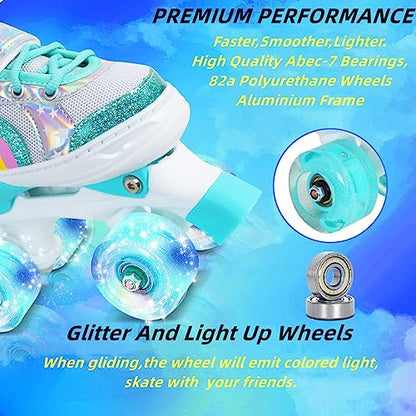 Nattork Roller Skates with Light Up Wheels for Girls, 4 Size Adjustable Quad Skates for Toddler Beginner Kids Outdoor Indoor Rollerskate Sports Ages 3-8 Teal