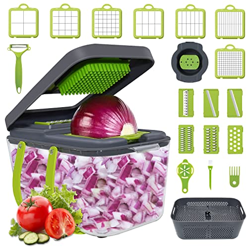 New 2022 Vegetable Chopper Dicer Onion Chopper, 22 in 1 Food Chopper Fruits Cutter with 14 Stainless Steel Blades, Adjustable Slicer, Vegetable Cutter with Drain Rack Storage Container, Kitchen Gadget