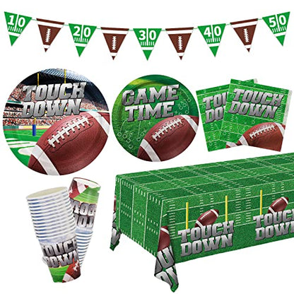 Football Party Supplies Kit Serve 25, Includes Disposable Dinner Plates, Dessert Plates, Napkins, Cups,and Football Tablecloth, Perfect for Football Birthday Party Tailgate Party Decorations