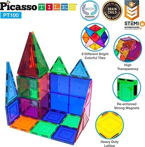 PicassoTiles 100 Piece Set 100pcs Magnet Building Tiles Clear Magnetic 3D Building Blocks Construction Playboards, Creativity Beyond Imagination, Inspirational, Recreational, Educational Conventional