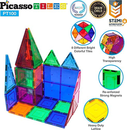 PicassoTiles 100 Piece Set 100pcs Magnet Building Tiles Clear Magnetic 3D Building Blocks Construction Playboards, Creativity Beyond Imagination, Inspirational, Recreational, Educational Conventional