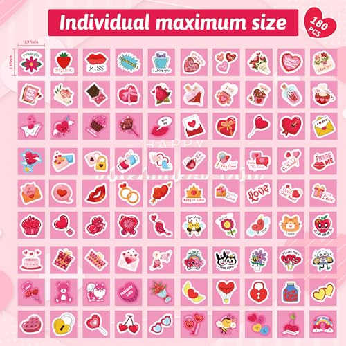 OHOME Valentines Stickers - 180 PCS Valentines Day Stickers for Kids Classroom School -Vinyl Heart Stickers - Valentines Crafts for Kids - Valentines Gifts Treats Decor Cards Scrapbooking Party Favors