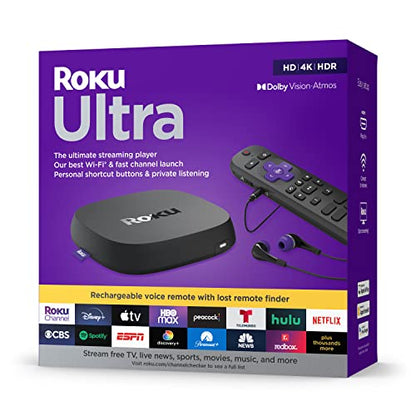 Roku Ultra | The Ultimate Roku Streaming Device 4K/HDR/Dolby Vision/Atmos, Rechargeable Roku Voice Remote Pro, Ethernet Port, Hands-Free Controls, Lost Remote Finder, Free & Live TV