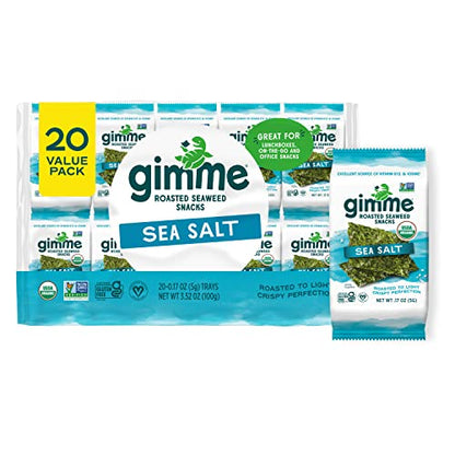 gimMe - Sea Salt - 20 Count - Organic Roasted Seaweed Sheets - Keto, Vegan, Gluten Free - Great Source of Iodine & Omega 3’s - Healthy On-The-Go Snack for Kids & Adults