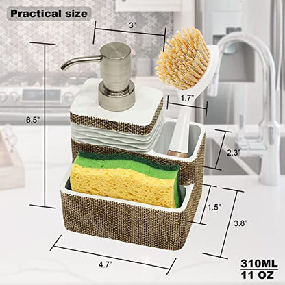 Suanti Kitchen Dish Soap Dispenser with Sponge Holder&Brush Holder for Sink Organize Eco-Friendly Resin Hand Soap Sponge Dispenser 3 in 1 Hold 11oz Liquid Dish Soap,Scrubber for Bathroom-Brown&White