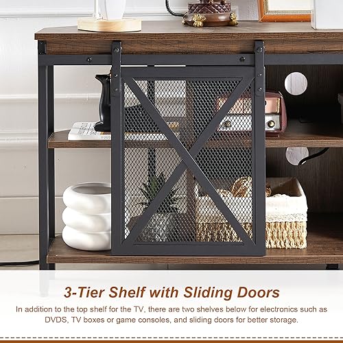 HOMISSUE Corner TV Stand for TVs Up to 60 Inch, TV Console Table with Storage Cabinets, Modern Corner TV Stand with Power Outlet, Industrial TV Stand with Sliding Door for Living Room, Bedroom, Brown