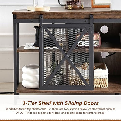 HOMISSUE Corner TV Stand for TVs Up to 60 Inch, TV Console Table with Storage Cabinets, Modern Corner TV Stand with Power Outlet, Industrial TV Stand with Sliding Door for Living Room, Bedroom, Brown