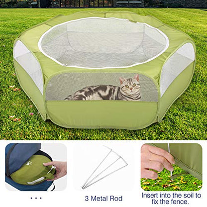 Pawaboo Small Animals Playpen, Waterproof Small Pet Cage Tent with Zippered Cover, Portable Outdoor Yard Fence with 3 Metal Rod for Kitten/Puppy/Guinea Pig/Rabbits/Hamster/Chinchillas, Green