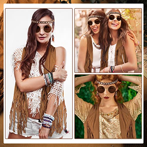 Leumoi 5 Pcs 60s 70s Costume for Women Disco Outfits Hippie Accessories Fringe Vest Boho Flared Pants Set for Halloween (Retro,Medium)