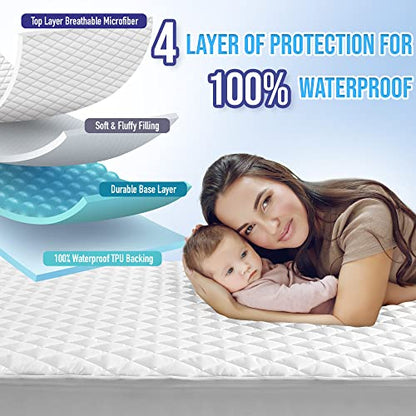 HYLEORY Twin Size Waterproof Mattress Pad Protector, Breathable Quilted Mattress Cover Noiseless Waterproof Fitted Sheet Mattress Topper Upto 21" Deep Pocket, White