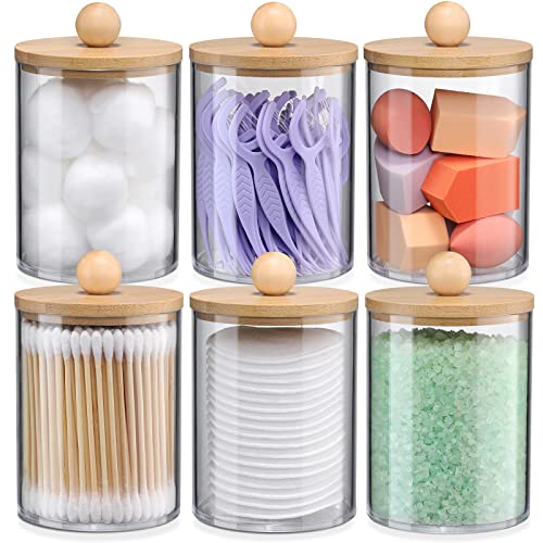 6 Pack Qtip Holder Dispenser Set with Bamboo Lids, Bathroom Canister Accessories, Storage Organizer, Clear Plastic Apothecary Jar for Cotton Ball, Swab, Pads, Floss, Vanity Makeup Organiztion - 10oz