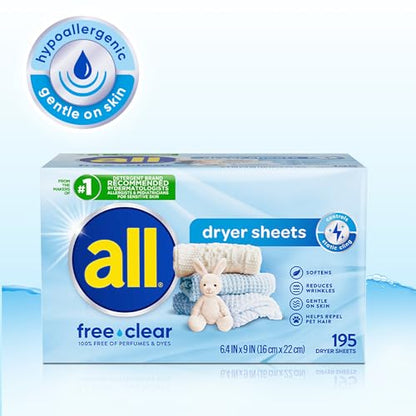 all Fabric Softener Dryer Sheets for Sensitive Skin, Free Clear, 195 Count