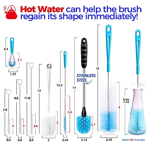 Holikme 8 Pack Bottle Brush Cleaning Set, Long Handle Bottle Cleaner for Washing Narrow Neck Beer Bottles Wine Decanter Narrow Cup Pipes Sinks Cup Cover, White