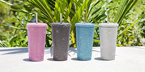 Paris Hilton Diamond Bling Water Tumbler With Lid And Straw, Vacuum Insulated Stainless Steel, Bedazzled With Over 3700 Rhinestones, 16.9-Ounce, Pink