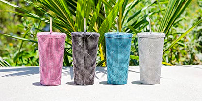 Paris Hilton Diamond Bling Water Tumbler With Lid And Straw, Vacuum Insulated Stainless Steel, Bedazzled With Over 3700 Rhinestones, 16.9-Ounce, Pink