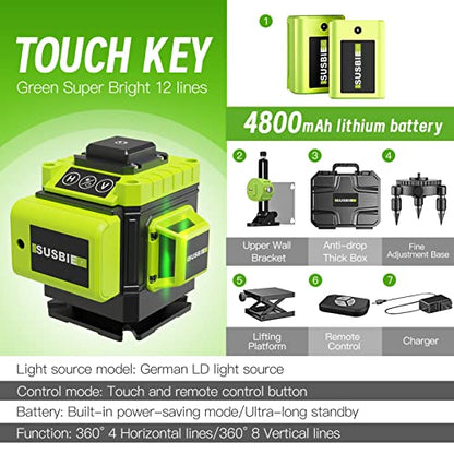 Susbie Laser Level -3x360° Cross Line Laser for Construction and Picture Hanging-12 Green Lasers with Self-leveling-Level Tool with 10000 mAh Rechargeable Battery