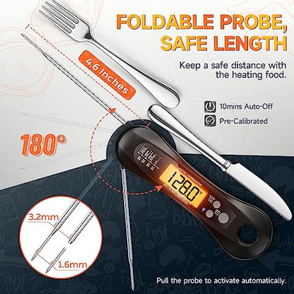 Meat Thermometer Digital, Meat Thermometer for Grilling and Cooking, Waterproof Instant Read Food Thermometer with Accurate Readings, Large LED Backlit Display and Foldable Probe for Kitchen & BBQ