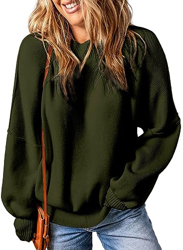 EVALESS Sweaters for Women Fall Clothes for Women 2023 Teacher Outfits Oversized Green Sweaters Waffle Knit Tops Buisness Casual Clothes Batwing Sleeve Tops Crewneck Pullover Sweater, Small