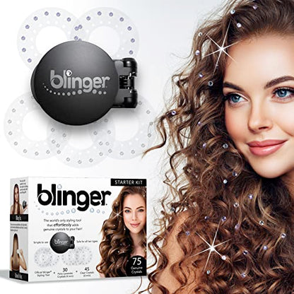 blinger Starter Kit | Women's Hair Styling Tool + 75 Precision-Cut Glass Crystals | Bling Hair in Seconds! Bedazzling Multi-Faceted Gems | Hair-Safe – Bling In Brush Out | By Blinger Kids Inventor