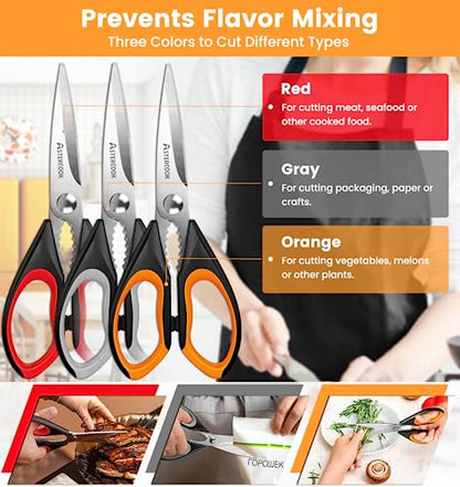 Astercook Kitchen Shears, Kitchen Scissors Heavy Duty Serrated Blade, PP+TPR Handle Shears, Ideal for Poultry, Herbs, Vegetables, Durable and Ergonomic Design (Black Red, Black Orange, Black Grey)