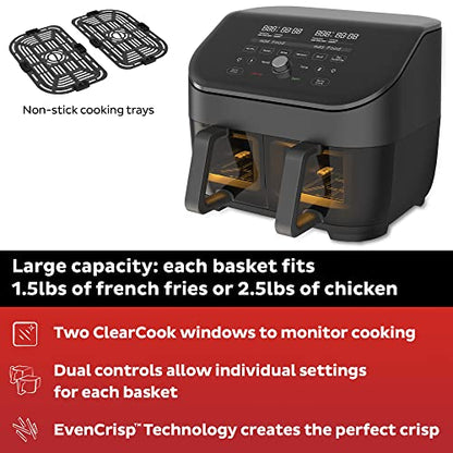 Instant Vortex Plus XL 8-quart Dual Basket Air Fryer Oven, From the Makers of Instant Pot, 2 Independent Frying Baskets, ClearCook Windows, Dishwasher-Safe Baskets, App with over 100 Recipes