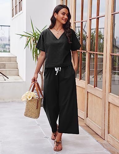 Ekouaer Womens, 2 Piece Coordinated Outfit, Pajamas, Short Sleeve Linen Shirt Pant Set, 2pcs Loungewear Tracksuit with Pockets, Black, Small