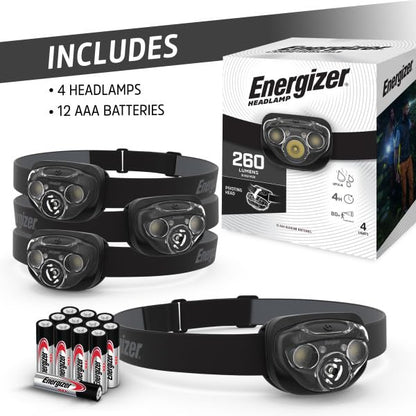 Energizer LED Headlamps PRO260 (4-Pack), IPX4 Water Resistant Headlamps, High-Performance Head Light for Outdoors, Camping, Running, Storm, Survival LED Light for Emergencies (Batteries Included)