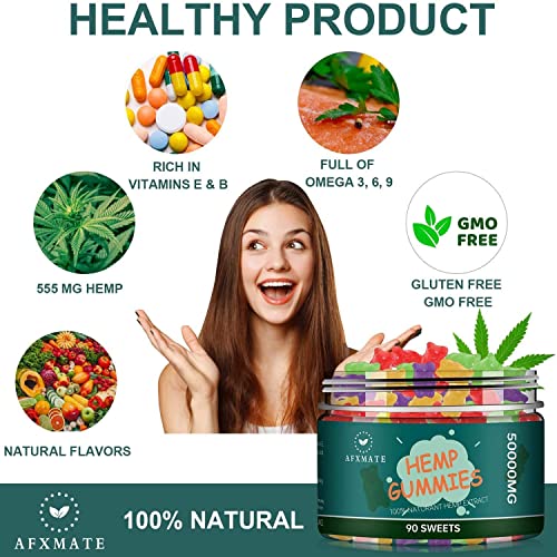 AFXMATE Hemp Gummies 50000mg, Natural Hemp Oil Infused Gummies Fruit Flavored Gummy (90 Gummies)