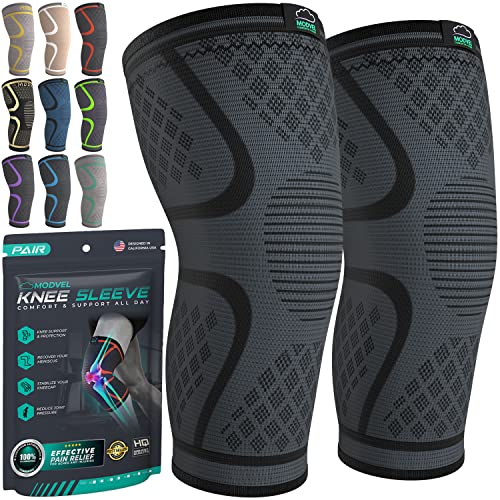 Modvel Knee Braces for Knee Pain Women & Men - 2 Pack Knee Brace for Knee Pain Set, Knee Brace Compression Sleeve, Knee Braces for Knee Pain Meniscus Tear, ACL & Arthritis Pain Relief - Knee Sleeves