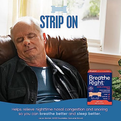 Breathe Right Nasal Strips, Extra Strength, Tan Nasal Strips, Help Stop Snoring, Drug-Free Snoring Solution & Instant Nasal Congestion Relief Caused by Colds & Allergies, 44Ct (Packaging My Vary)