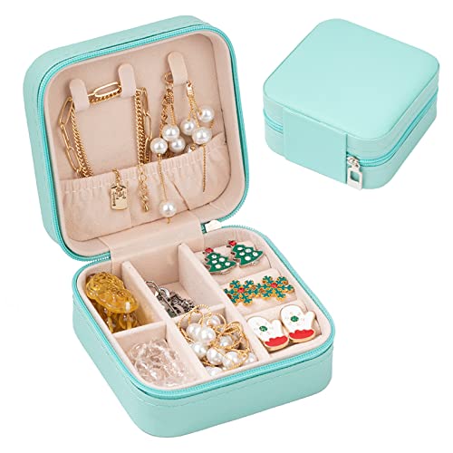 Obsoorth Small Travel Jewelry Organizer Box Case Earring Ring Holder for Traveling Necklace Women Little Girls Children Kids Gift PU Leather Portable Storage Carrier - Blue