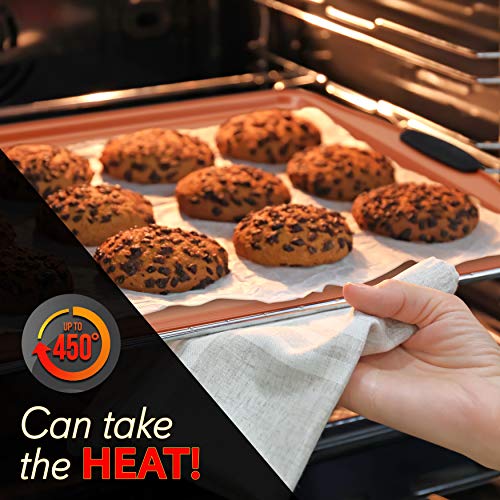 NutriChef 3 Piece Baking Pan Set - PFOA, PFOS, PTFE Free Flexible Nonstick Carbon Steel Bakeware Set - Home Kitchen Bake Pan Cookie Sheet Stackable Baking Tray Set w/Red Silicone Handles NCSBS3S45