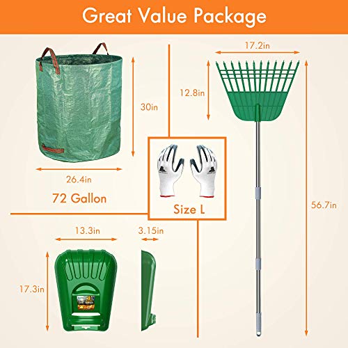 Gardzen Large Leaf Scoop & 12 Tines Gardening Leaf Rake Set, Comes with 72 Gallon Garden Bag