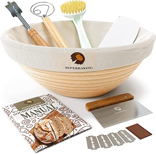 Superbaking Banneton Bread Proofing Basket, Sourdough Bread Baking Supplies, Round 9 inch Sourdough Starter Kit, Proofing Basket for Bread baking, Bread Making Supplies Tools, Banneton Basket Gift Set