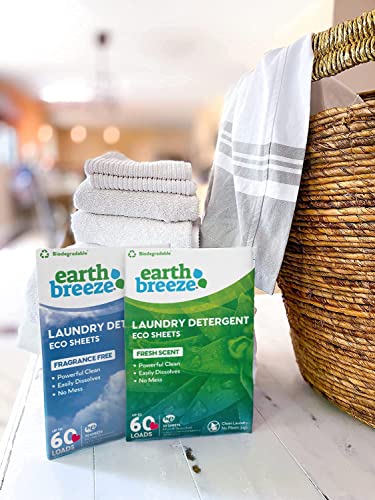 Earth Breeze Laundry Detergent Sheets - Fresh Scent - No Plastic Jug (60 Loads) 30 Sheets, Liquidless Technology…