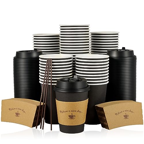 100 Pack 12 oz Paper Drinking Cups with Lids Sleeves and Stirring Sticks, for Cold/Hot Chocolate Drinks, Black Coffee, Disposable for Home, Stores and Cafes.