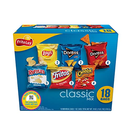 Frito-Lay Snacks Classic Mix Chips Variety Pack, Doritos, Lay's Ruffles, Cheetos, Fritos, 18 Count(Pack of 1) (Assortment May Vary)