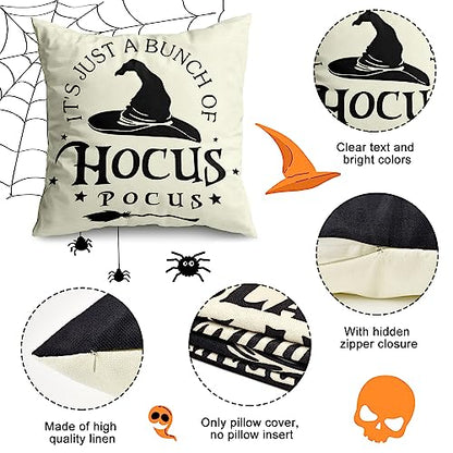 Halloween Decorations Pillow Covers 18x18 Set of 4 Halloween Decor Hocus Pocus Farmhouse Saying White Black Outdoor/Indoor Fall Pillow Covers Decorative Cushion Cases for Home Sofa Couch Bed Chair