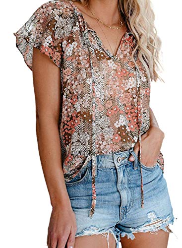 Dokotoo Womens Boho Tops and Blouses Floral Printed Cap Sleeve V Neck Ladies Summer Chiffon Shirts with Drawstring Medium Khaki