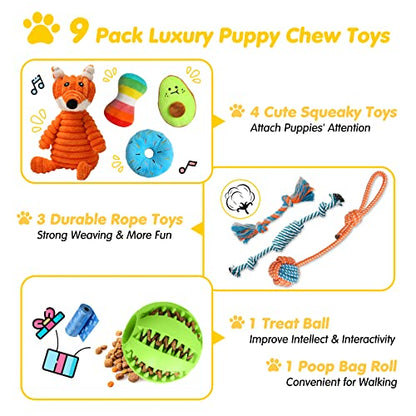 Zeaxuie 9 Pack Luxury Puppy Toys for Teething Small Dogs, Puppy Chew Toys with Cute Squeaky Dog Toys, Ball and More Rope Dog Chew Toys