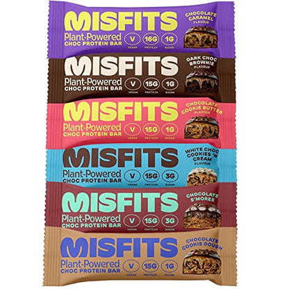 Misfits Vegan Protein Bar, Best Sellers Variety Pack, Plant Based Protein Bars, High Protein Snacks with 15g Per Bar, Low Sugar, Low Carb, Gluten Free, Dairy Free, High Fiber, Non GMO, 6 Flavor 12 Pack