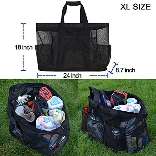 GOTDYA XL Mesh Beach Bags and Totes,Extra Large Beach Bag with Zipper and Pockets,Oversized Big Beach Duffle Bag for Towels Beach Toys,Ideal for Your Family Beach/Pool Trip-Black