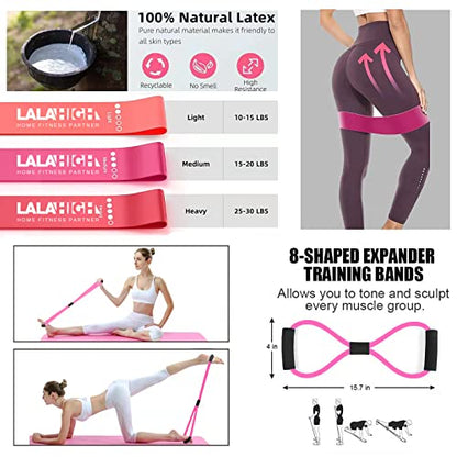 LALAHIGH Push Up Board, Portable Home Workout Equipment for Women & Men, 30 in 1 Home Gym System with Pilates Bar, Resistance Band, Booty Bands, Pushup Stands for Body Shaping - Pink Series