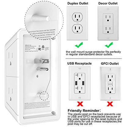 USB Wall Charger，LVETEK Surge Protector 5 Outlet Extender with 4 USB Ports (1 USB C Outlet) 3 Sided 1680J Power Strip Multi Plug Outlets Wall Adapter Spaced for Home Travel Office ETL Listed