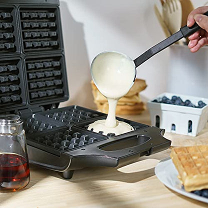 BELLA Classic Waffle Iron, 4 Square Belgian Waffle Maker, Non-stick Extra Large Plates for Easy Cleanup, Cool Touch Handles, Stainless Steel, Black, 1400W