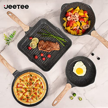 JEETEE Kitchen Pots and Pans Set Nonstick, Induction Granite Coating Cookware Sets with Frying Pan, Saucepan, Sauté Pan, Griddle Pan, Crepe Pan, Cooking Pots, PFOA Free, (Grey, 20pcs Set)