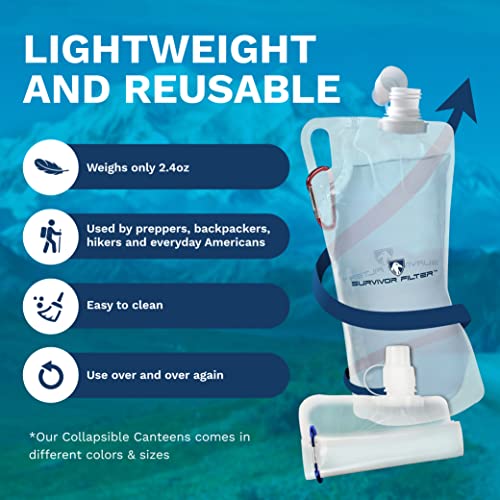 Survivor Filter Clear Collapsible Water Bottle Canteens - Travel Water Bottle - Includes Carabiners - Use with Our Straw Filter or as Foldable Water Bottles - BPA Free - White - 2 x 33oz / 1 Liter